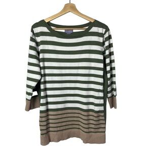 Laura Scott Green & White Stripe Knit 3/4 Long Sleeve 2X